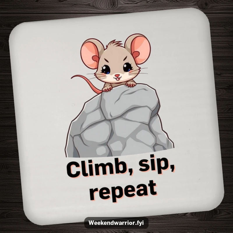 Funny drink coaster featuring a brave mouse character scaling a mini rock face, protecting tables with a humorous adventurous spirit.