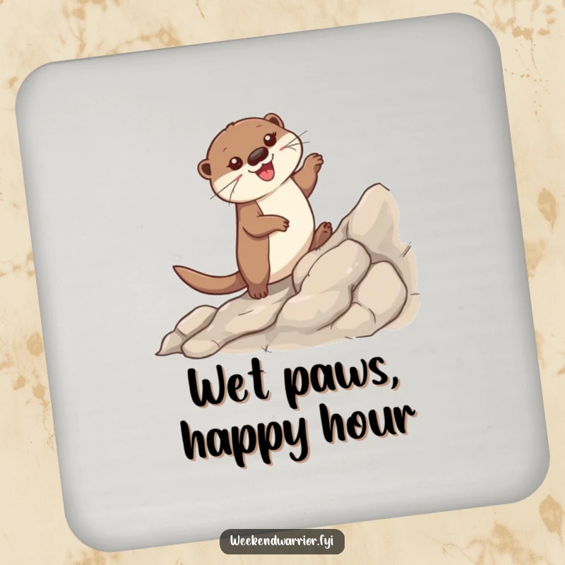 Funny drink coasters showcasing a happy otter scaling a rocky surface, adding a touch of wilderness humor.