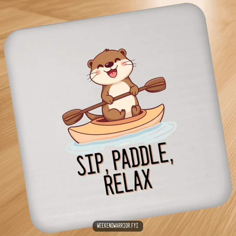 Funny drink coasters featuring a delighted otter balancing on a kayak, paddle ready, adding humorous protection to tabletops.