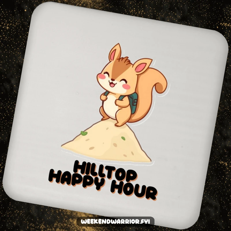 Funny coasters: A smiling squirrel with a backpack climbing a hill, offering quirky protection for drinks.