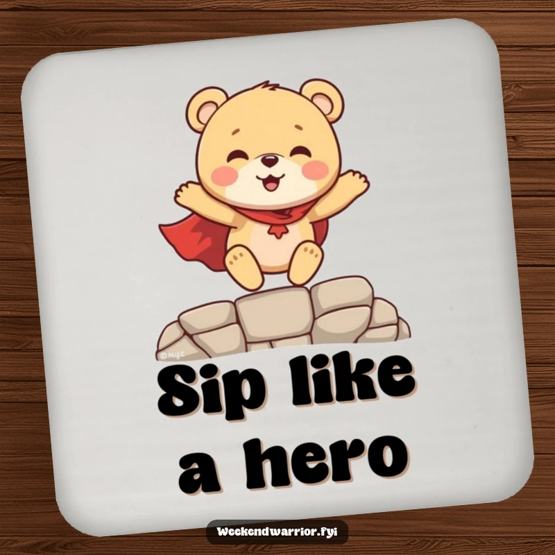 Funny Superhero Bear Cub Coaster, a bear cub in a cape leaping, adding humor to drink coasters.