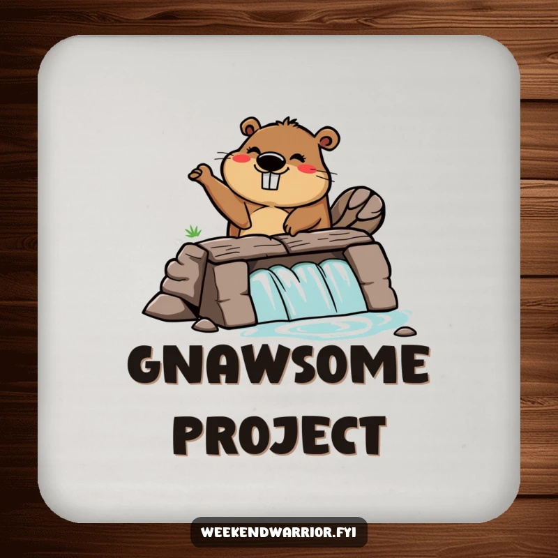 Funny drink coaster featuring a silly cartoon beaver building a dam with enthusiasm, adding industrious charm to tables.