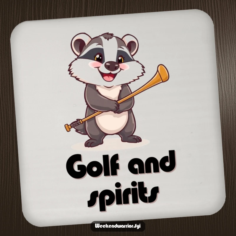 Funny drink coaster featuring a happy badger with a determined grin, swinging a golf club, perfect for golf lovers.