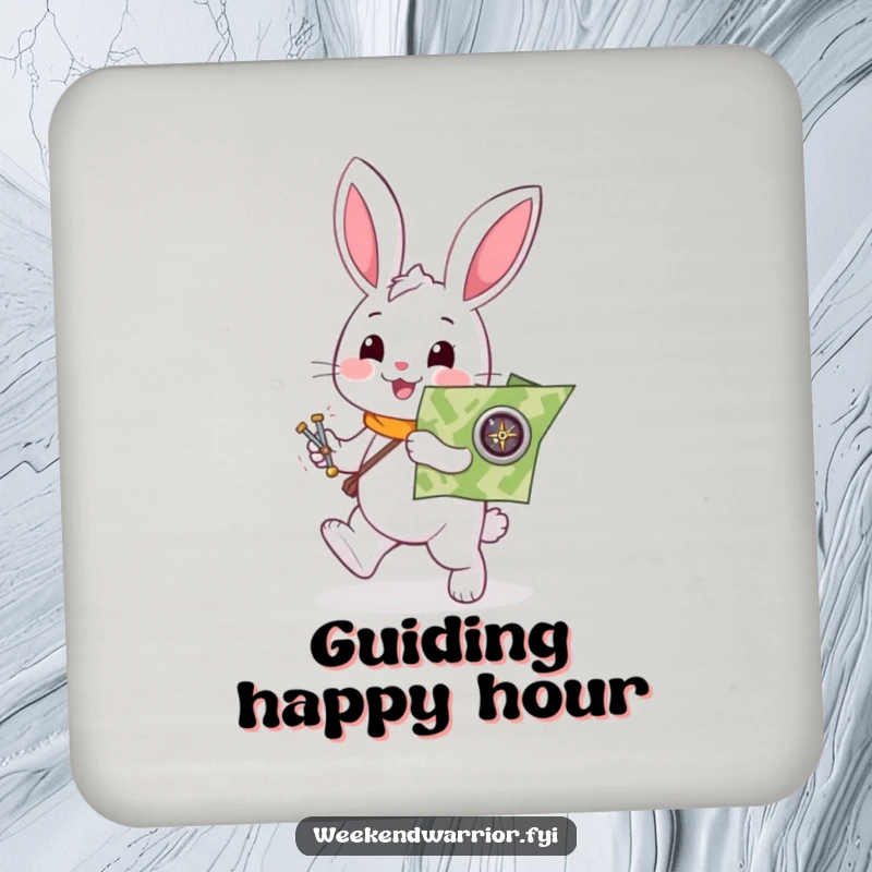 Funny rabbit coaster with a helpful white character enthusiastically holding a map and compass, a humorous surface protector.