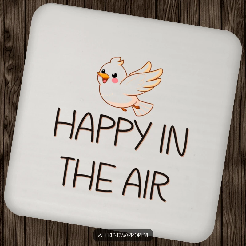 Funny, happy bird soaring through fluffy clouds on drink coasters.