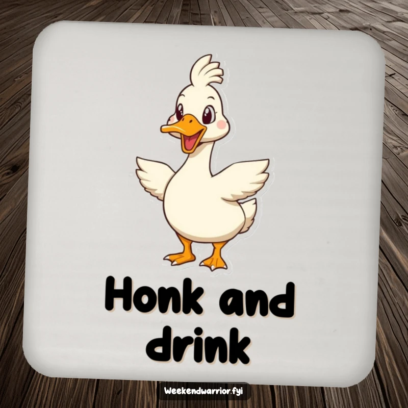 Funny goose coaster featuring a determined goose character ready for a tough challenge, protecting surfaces with humor.