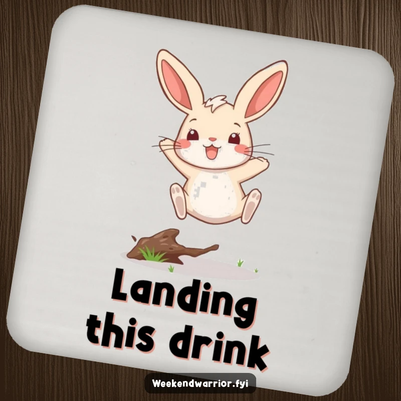 Funny drink coaster with a playful rabbit executing a victorious leap over a twig, protecting surfaces with humor.
