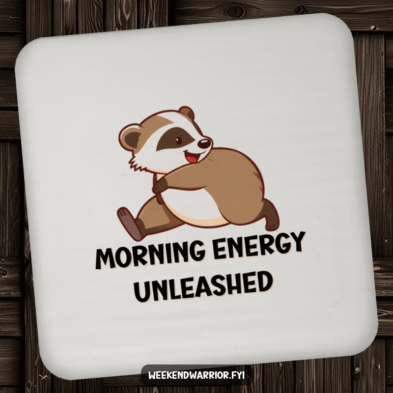Funny drink coasters featuring a playful badger stretching, adding a touch of morning jog humor to any table setting.