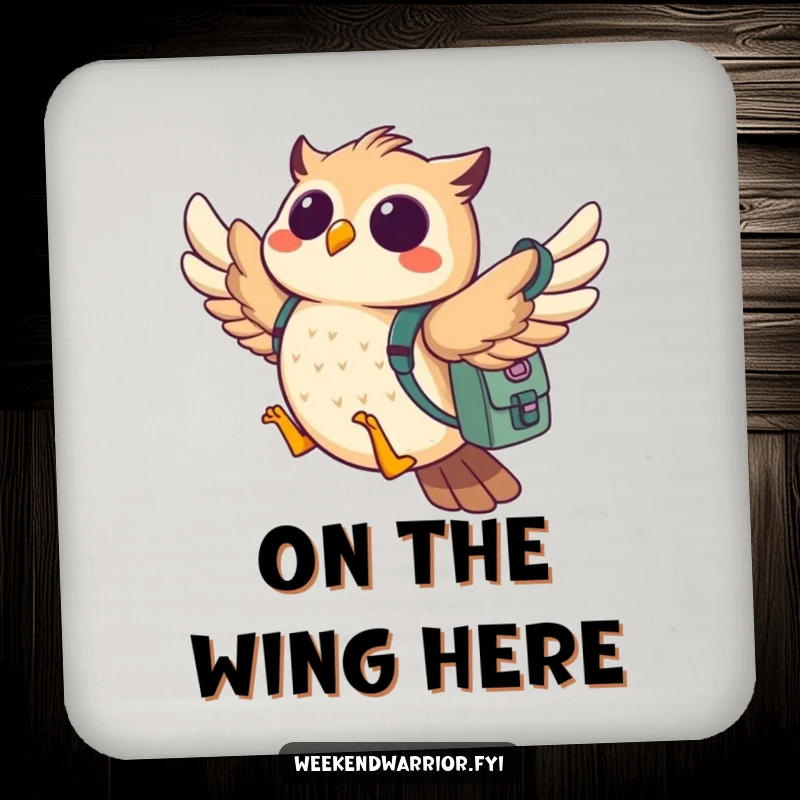 Funny owl coaster set depicting a cheerful owl flying with a backpack, adding a whimsical touch.