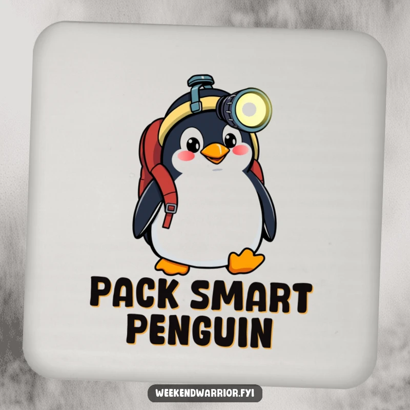 Funny drink coasters featuring a goofy penguin with a backpack and headlamp, adding humorous expedition charm to any setting.