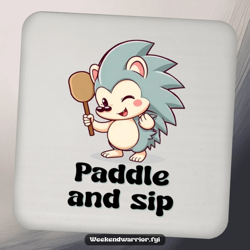 Funny hedgehog coaster featuring a happy hedgehog character with a small paddle, protecting surfaces with humor.
