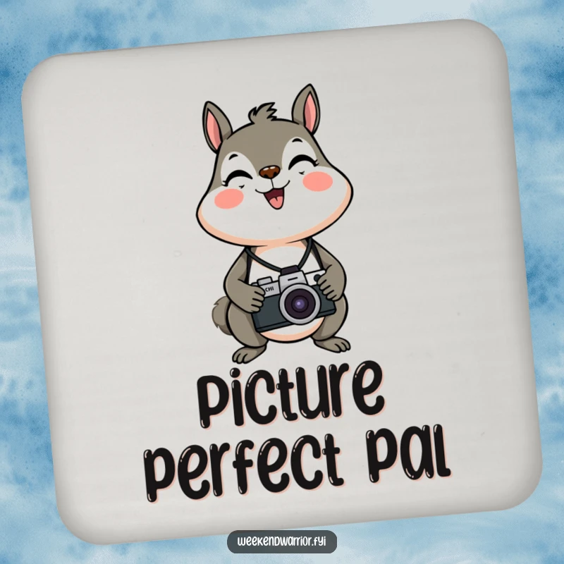 Funny, energetic squirrel with a camera around its neck on drink coasters.