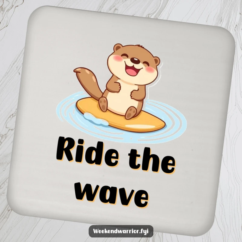 Funny drink coaster featuring a happy otter character jubilantly paddleboarding across a shimmering blue pond, protecting tables with cheer.