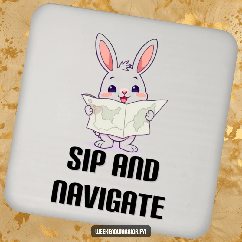 Funny Bunny Coaster holding a large map, looking resolute, protecting surfaces with travel flair.