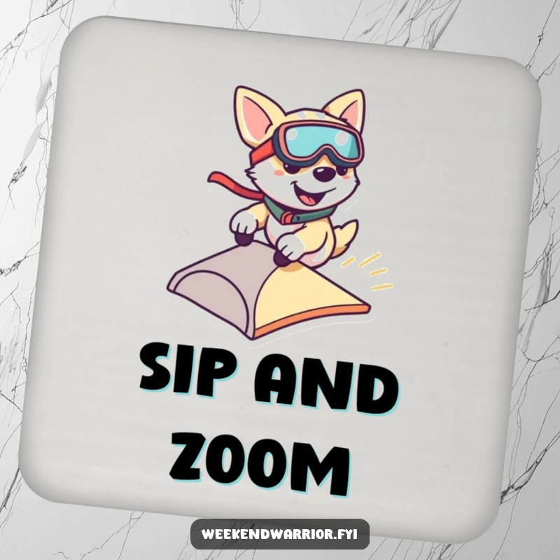 Funny drink coaster featuring a smiling dog wearing goggles, zipping down a small ramp, ideal for parties.