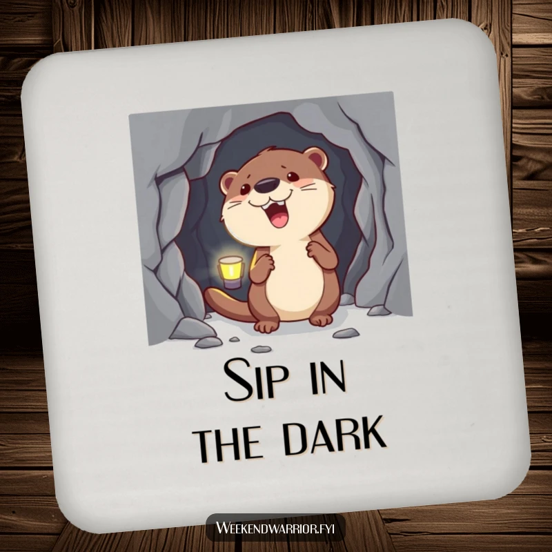 Funny Otter Coaster with a headlamp exploring a cave, protecting surfaces with cute, humorous flair.