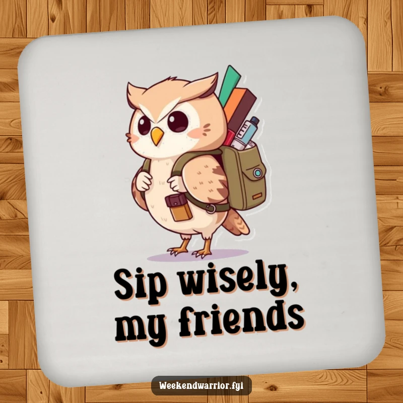 Funny Kawaii Owl Coaster featuring a curious character with a backpack, providing humorous surface protection. Nice funny gift.