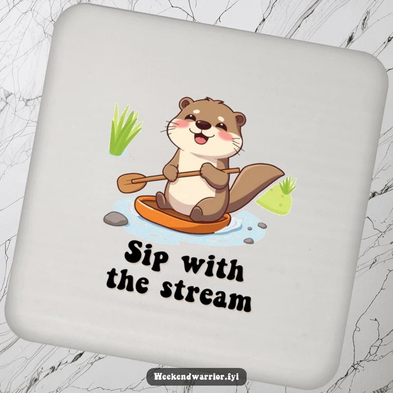 Funny drink coaster featuring a joyful otter holding a paddle and navigating a tiny stream, adding charming protection.