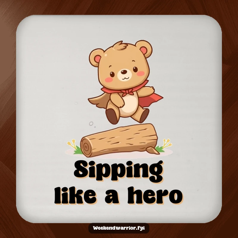 Funny drink coaster featuring a cute bear cub in a cape, mid-leap over a tiny log, representing playful heroism.