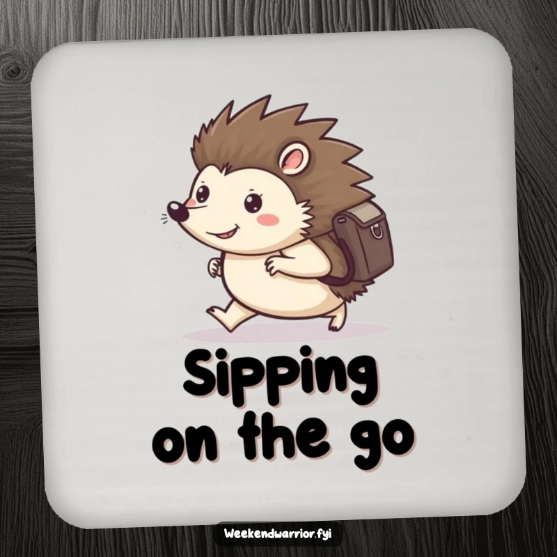 Funny drink coaster featuring a happy hedgehog with a backpack, marching forward with determined focus, symbolizing perseverance.