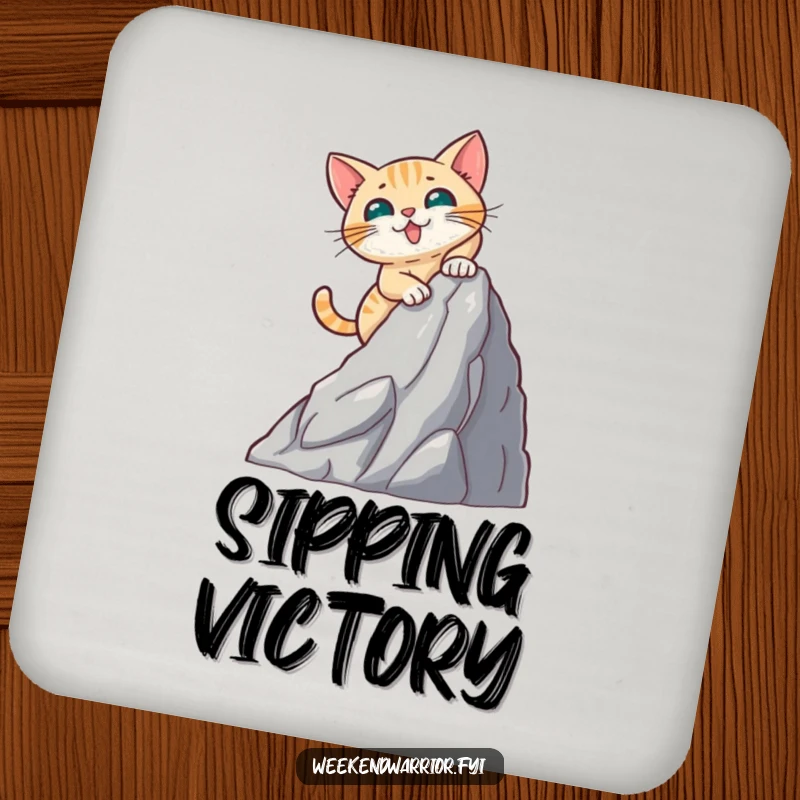 Funny coaster art of a brave cat scaling a small artificial mountain face, bringing a touch of adventure.