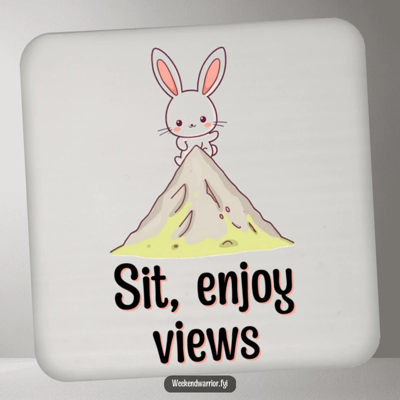 Funny Kawaii rabbit drink coaster showing a happy hiking character reaching a mountain peak, perfect for adding motivational personality.