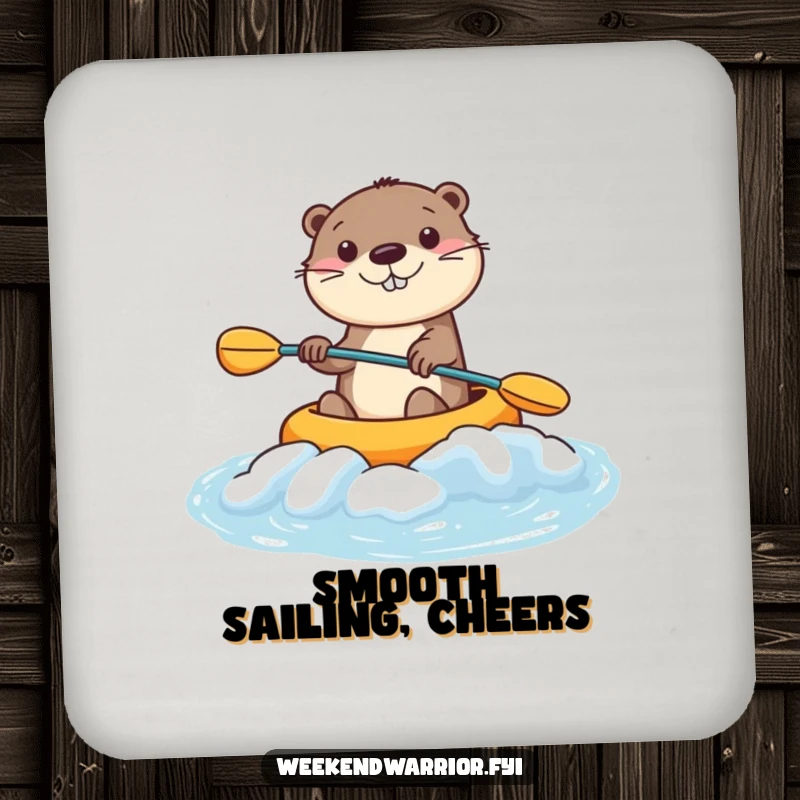 Funny Kawaii Otter Coaster featuring a smiling character kayaking rapids, adding humorous aquatic flair to any surface. Nice funny gift.