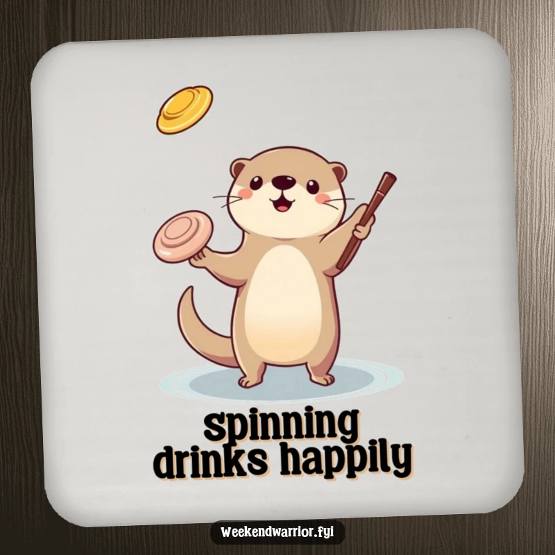 Funny otter juggling coaster featuring a playful otter skillfully tossing a frisbee and a stick, adding a fun touch to surfaces.