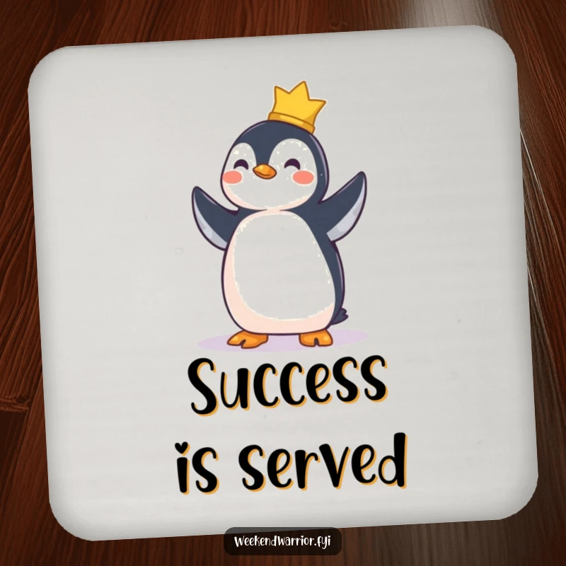 Funny coaster featuring a proud penguin character standing tall, signifying the completion of a triumphant task.