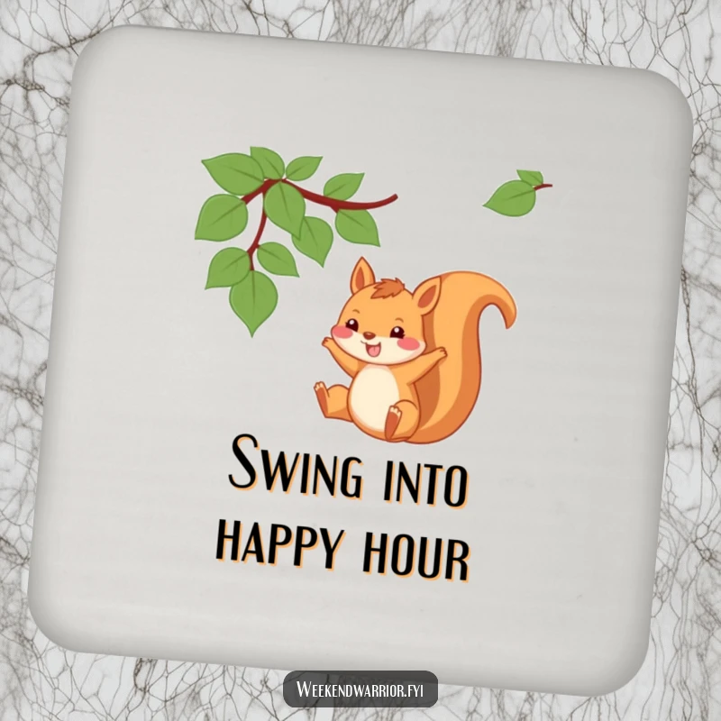 Funny Squirrel Coaster with a squirrel swinging from a vine with a grin, protecting surfaces with fun.