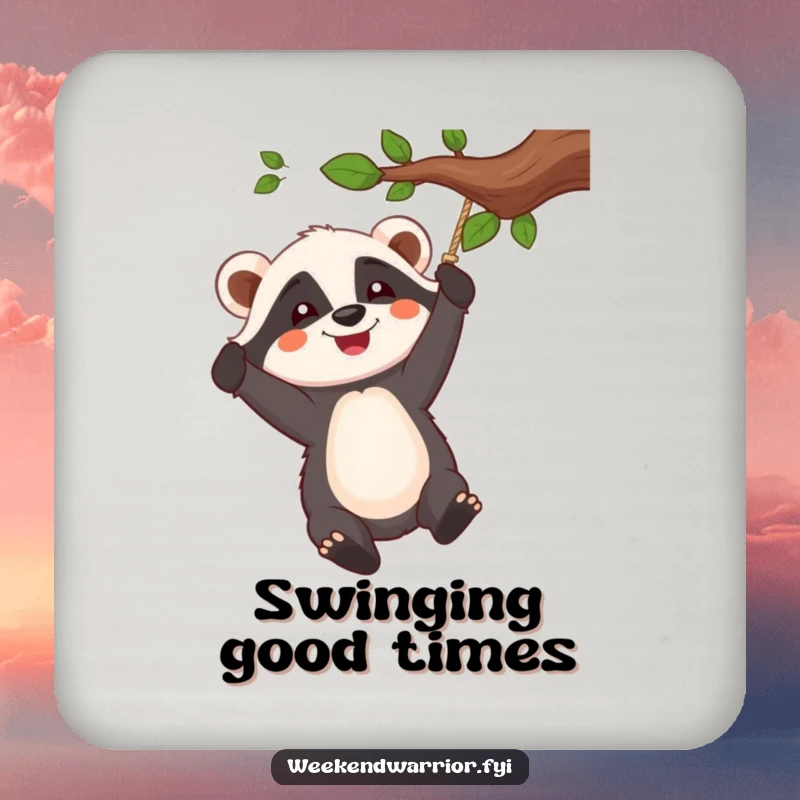 Funny coasters featuring a cheerful badger character swinging from a rope tied to a tree branch, protecting surfaces.