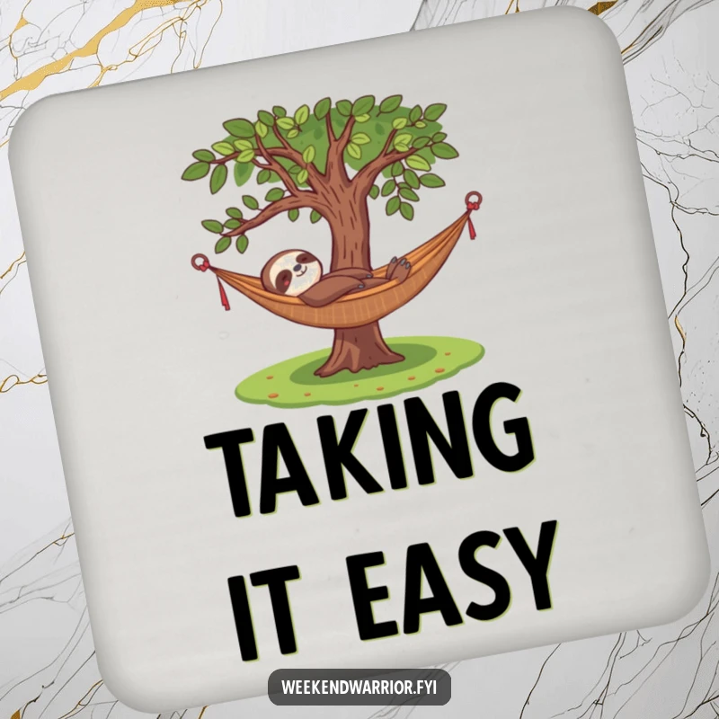 Funny drink coasters featuring a content sloth relaxing in a hammock under a tree, adding humorous chill vibes to any setting.