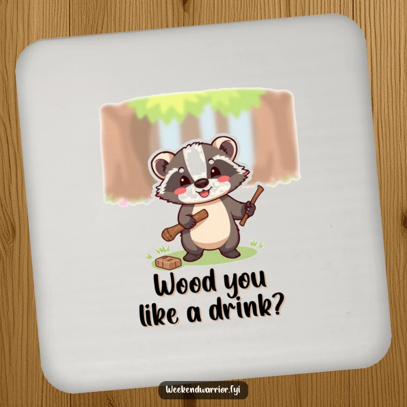 Funny drink coaster featuring a happy badger wielding a small axe to chop a twig, protecting surfaces with humor.