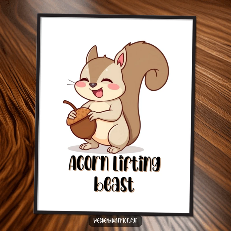 Funny squirrel muscle poster showcasing a giggling squirrel flexing its arm muscles after lifting an acorn, radiating playful pride.