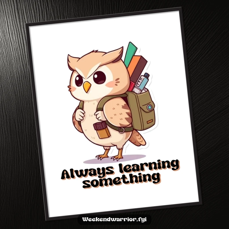 Funny Kawaii Owl Poster featuring a curious character with a backpack, bringing adventurous, humorous vibes to any room. Great funny gift.