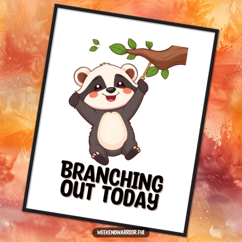 Funny poster showing a cheerful badger character swinging enthusiastically from a tree branch rope, symbolizing joy.