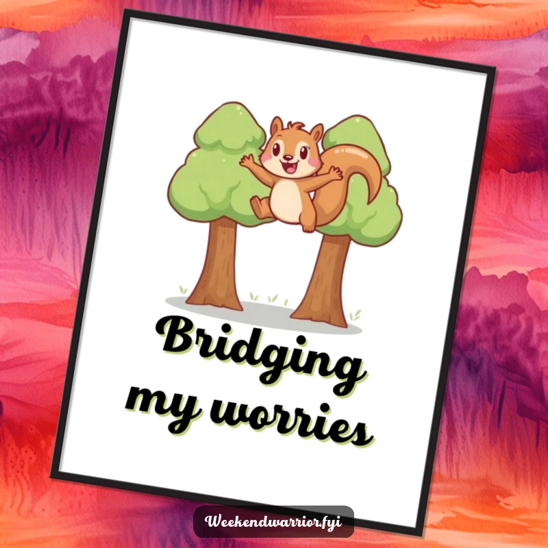 Funny joyful squirrel leaping energetically across a gap between two trees on a humorous poster.