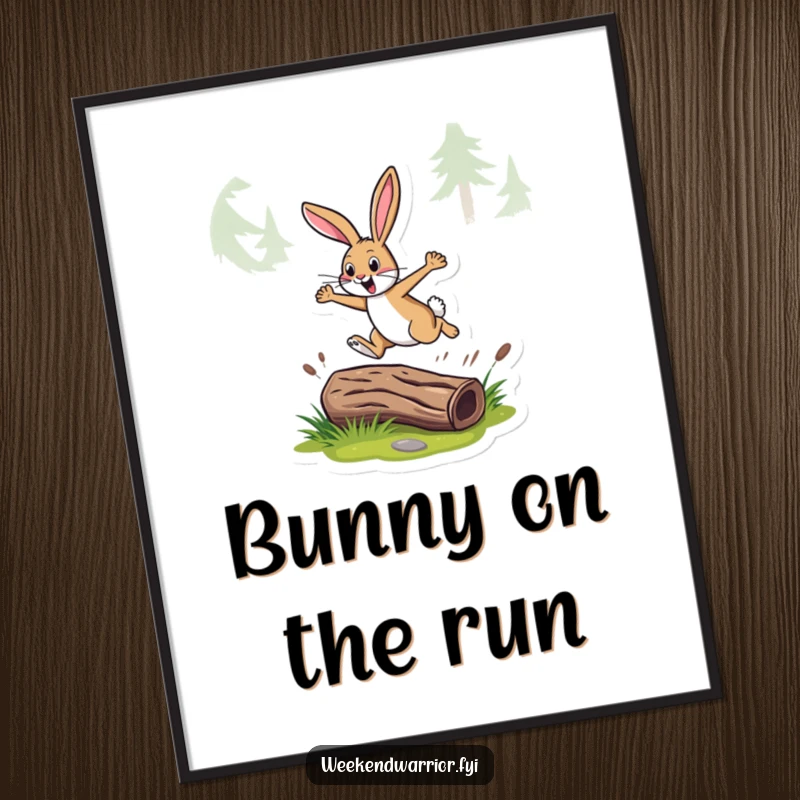 Funny poster showing an energetic rabbit leaping over a log on a trail, perfect for adding dynamic humor to decor.