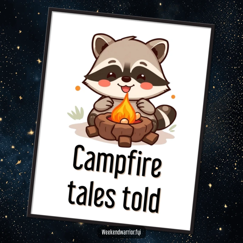 Funny Kawaii Raccoon Poster featuring a joyful grilling character, bringing cozy, humorous campfire vibes to any room. Great funny gift.