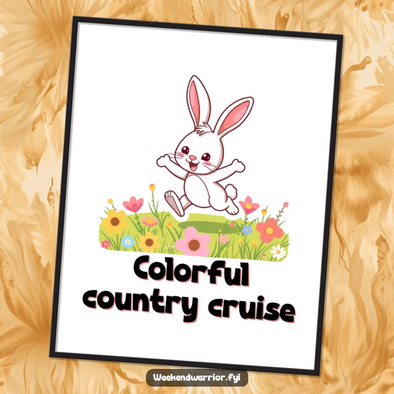 Funny poster showcasing a happy cartoon bunny leaping over a colorful meadow, embodying the joy of spring.
