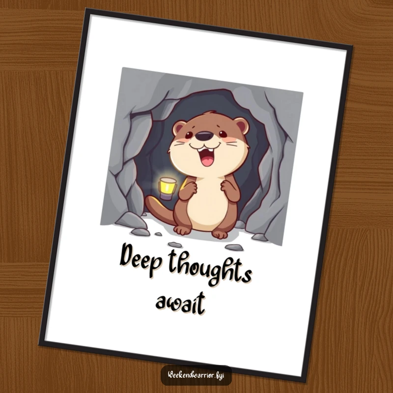 Funny Otter Poster depicting a happy otter with a headlamp exploring a cave, bringing wonder and amusement.