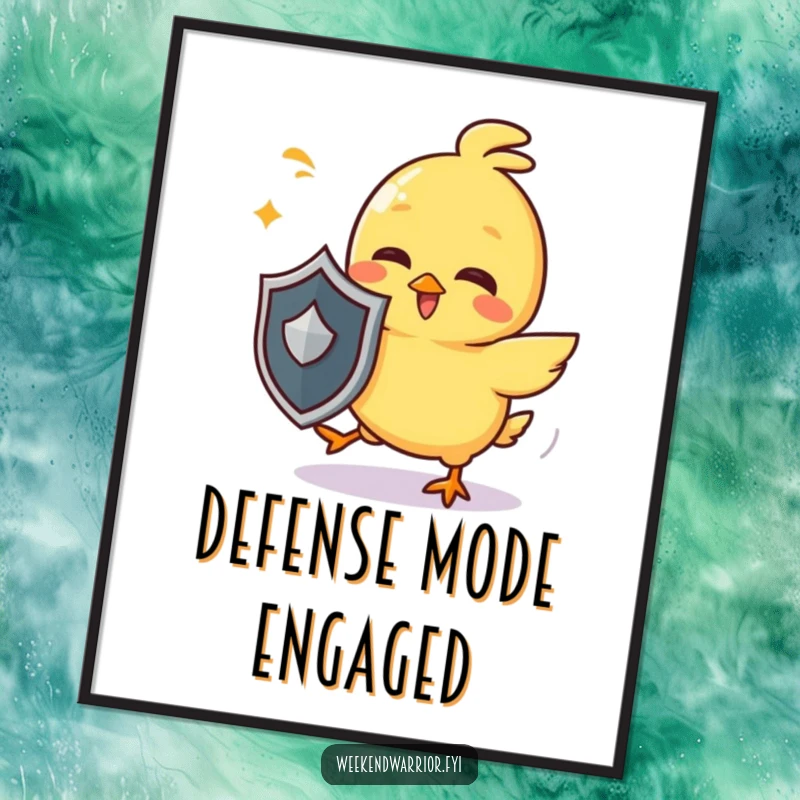 Funny chick poster depicting a giggling yellow character with a small shield, playfully dodging invisible attacks, art for spirited spaces.