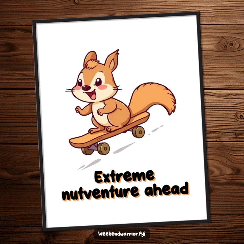 Funny squirrel character performing a hilarious downhill skateboard trick, showcased as a vibrant art print for humorous wall decor.