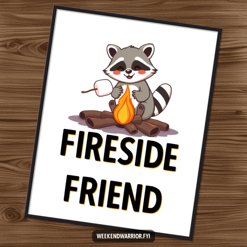 Funny raccoon roasting a marshmallow over a campfire, a cozy and humorous art print.