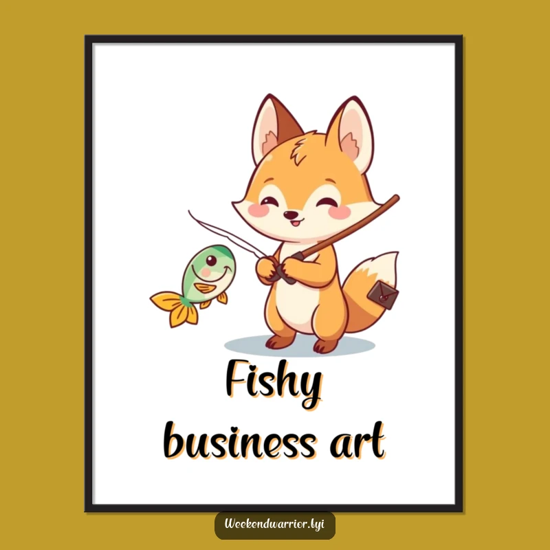 Funny Kawaii Fox Fishing Poster - Cheerful Wall Art for Anglers