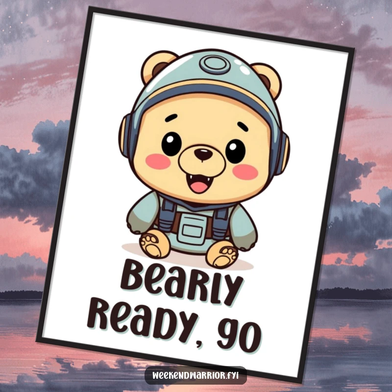 Funny poster art of a cheerful bear wearing a helmet, looking eagerly towards adventure, inspiring exploration.