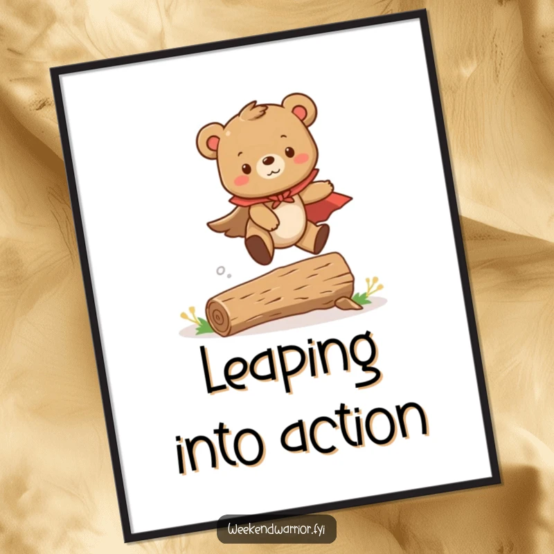 Funny poster print of a cute bear cub in a superhero cape, dynamically leaping over a tiny log, full of youthful energy.