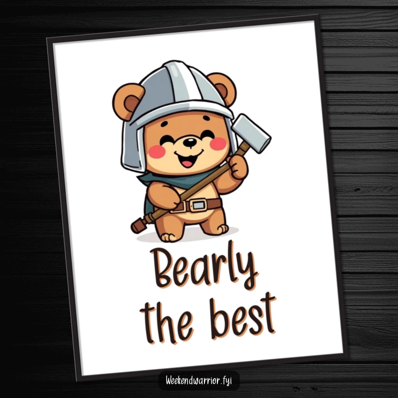 Funny poster of a happy bear in a helmet holding a hammer, perfect for inspiring DIY and construction projects.