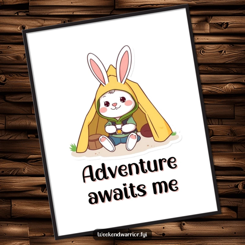 Funny poster of a cheerful rabbit in camping gear setting up a tent, perfect for adding whimsical decor.