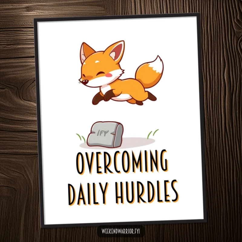 Funny poster art of a cheerful fox leaping energetically over an obstacle, conveying pure joy and playful spirit.